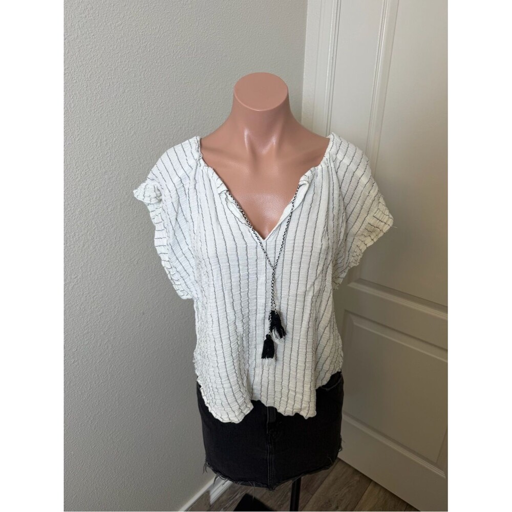 Joie White Striped V-Neck Tassel Top Sz L